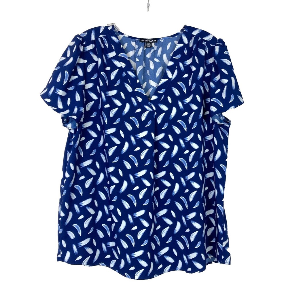 Hilary Radley Women's V-Neck Blouse Size L Blue White Short Sleeve Office
